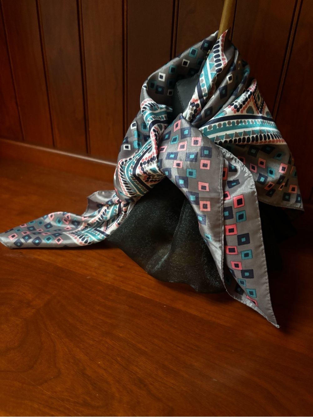 Geometric Print Silk Scarf in Gray, Teal & Pink